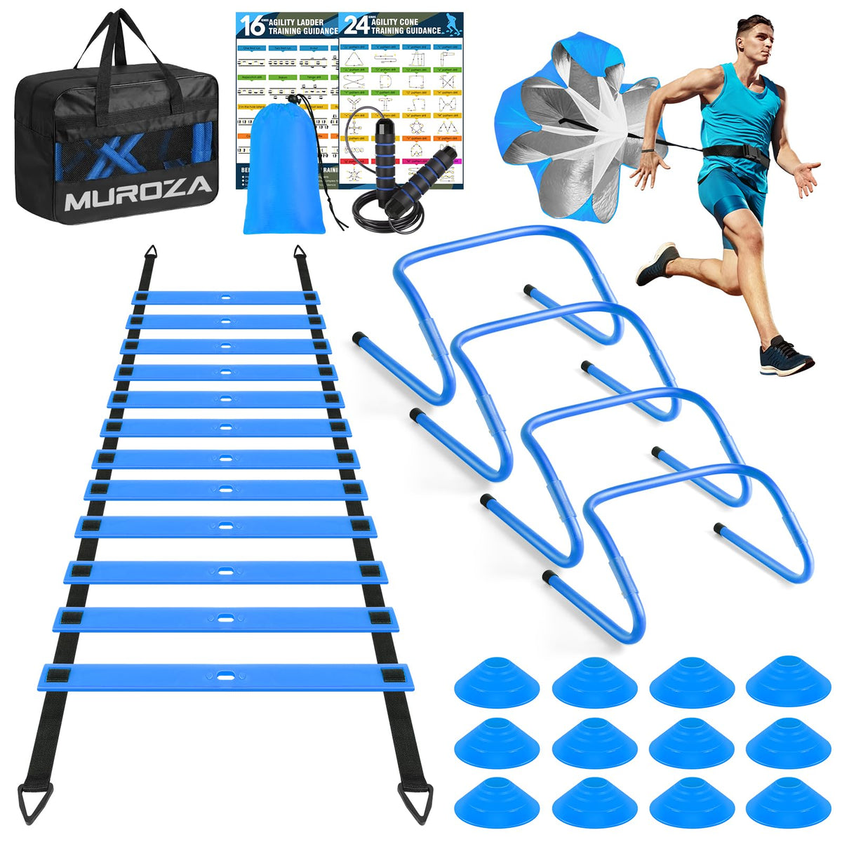 Agility Training Set with Ladder, Cones, Hurdles, Jump Rope and Parachute