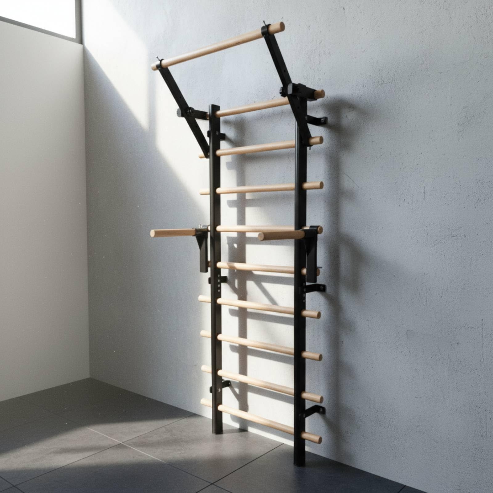 Wall-Mounted Stall Bars with Pull-Up Station for Home Gym