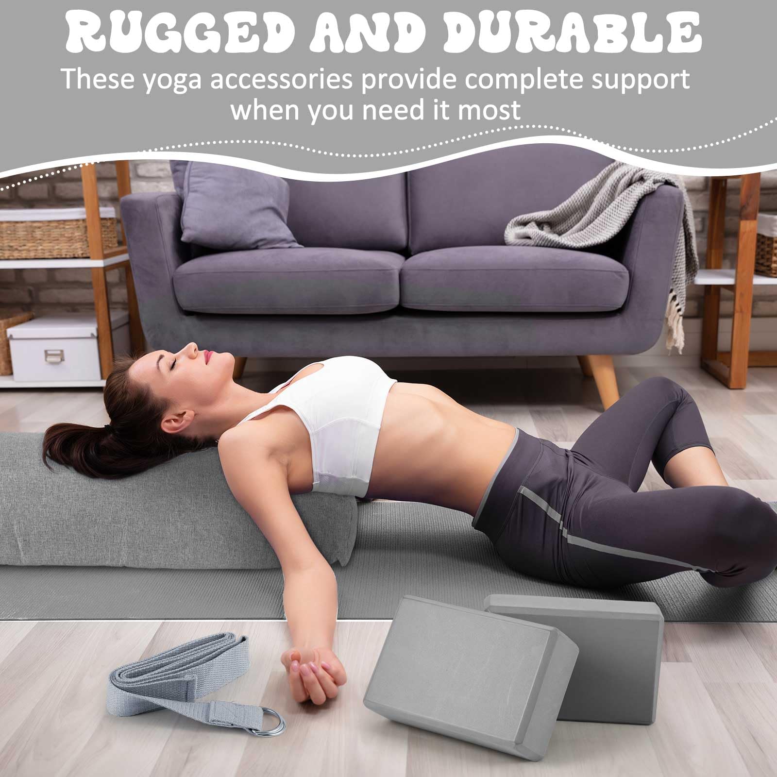 Yoga Bolster Pillow and Block Set with Strap and Washable Cover
