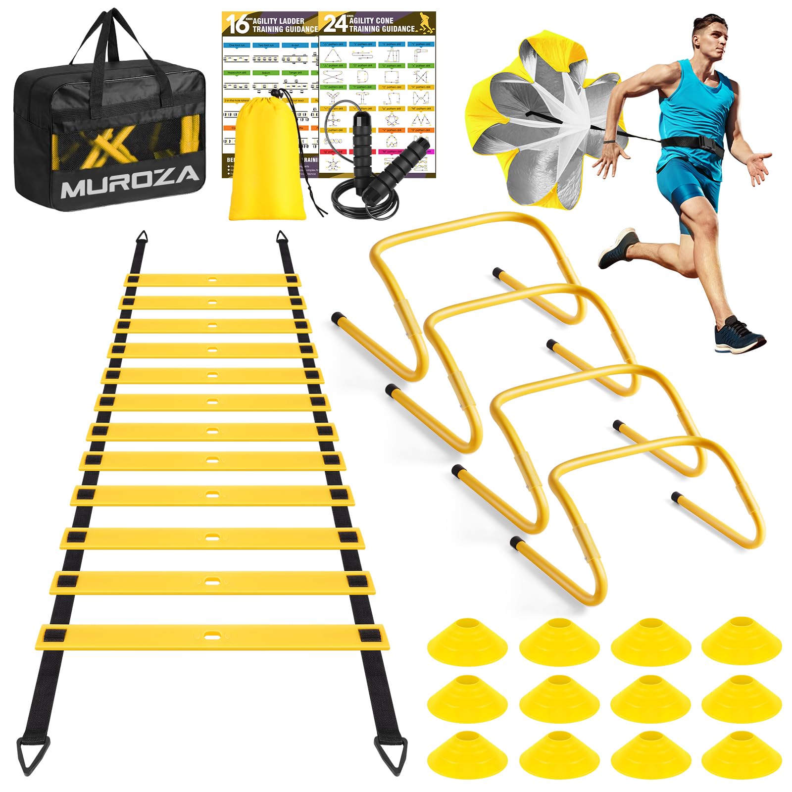 Agility Training Set with Ladder, Cones, Hurdles, Jump Rope and Parachute