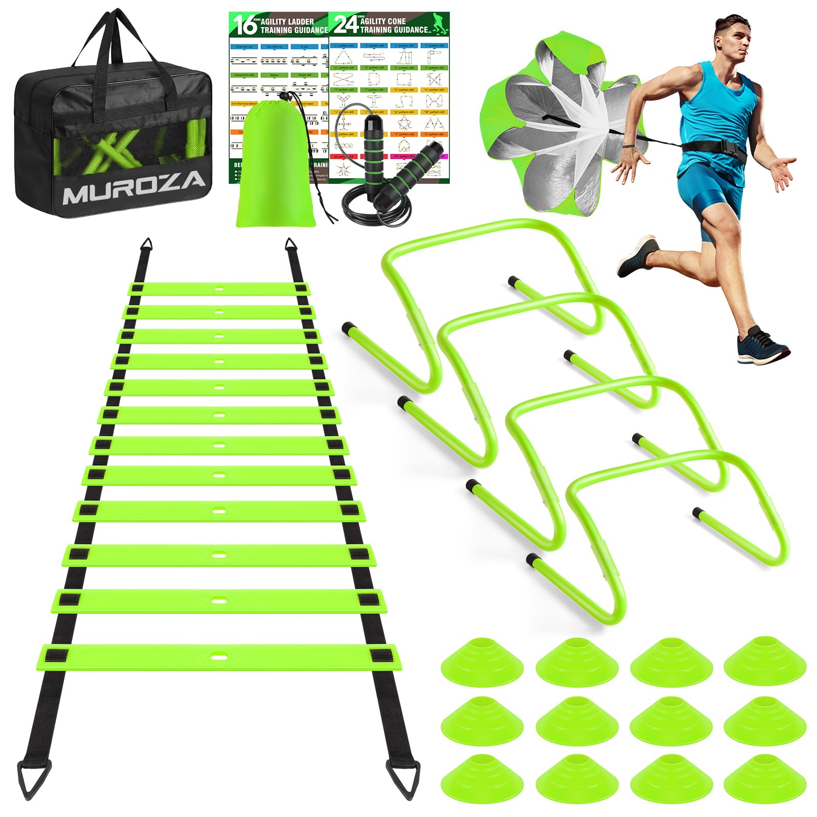 Agility Training Set with Ladder, Cones, Hurdles, Jump Rope and Parachute