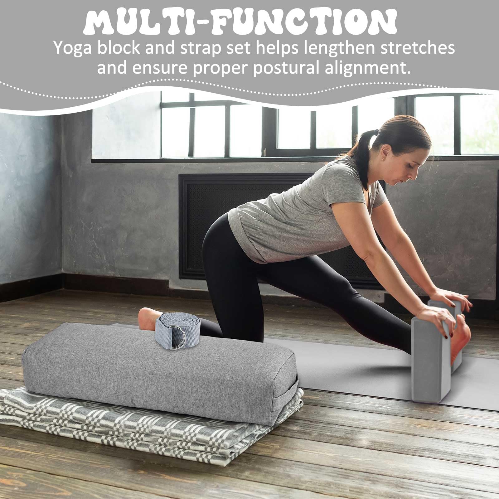 Yoga Bolster Pillow and Block Set with Strap and Washable Cover