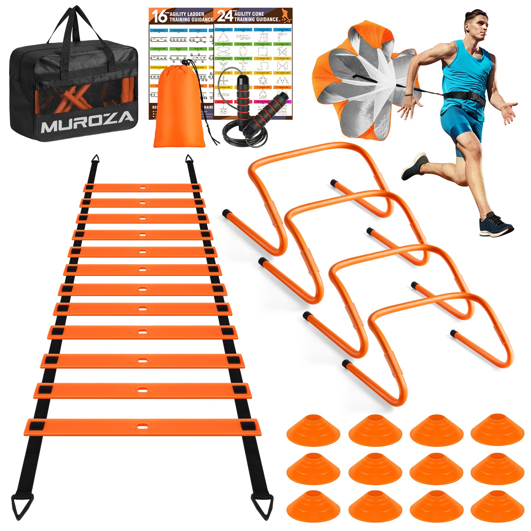 Agility Training Set with Ladder, Cones, Hurdles, Jump Rope and Parachute