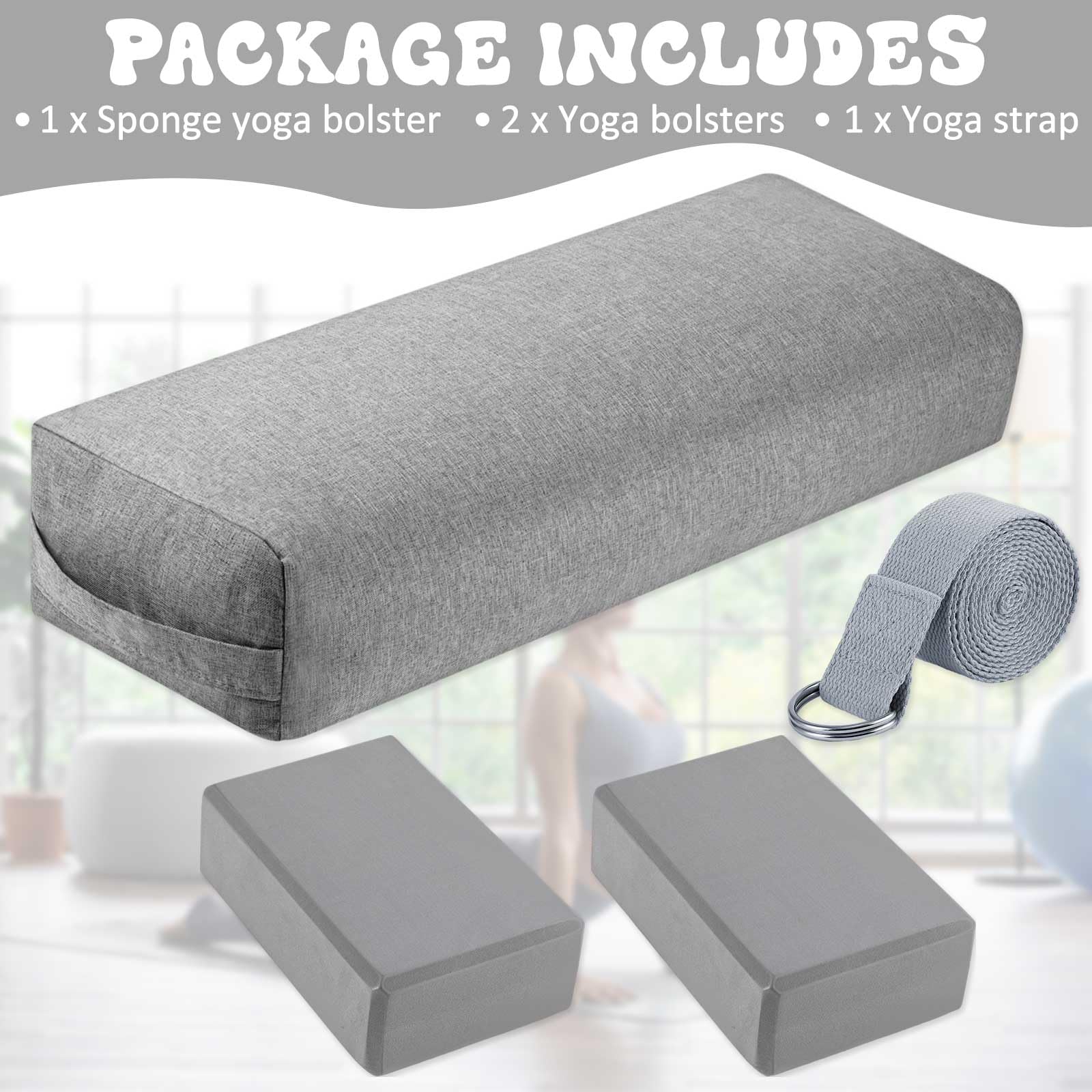 Yoga Bolster Pillow and Block Set with Strap and Washable Cover