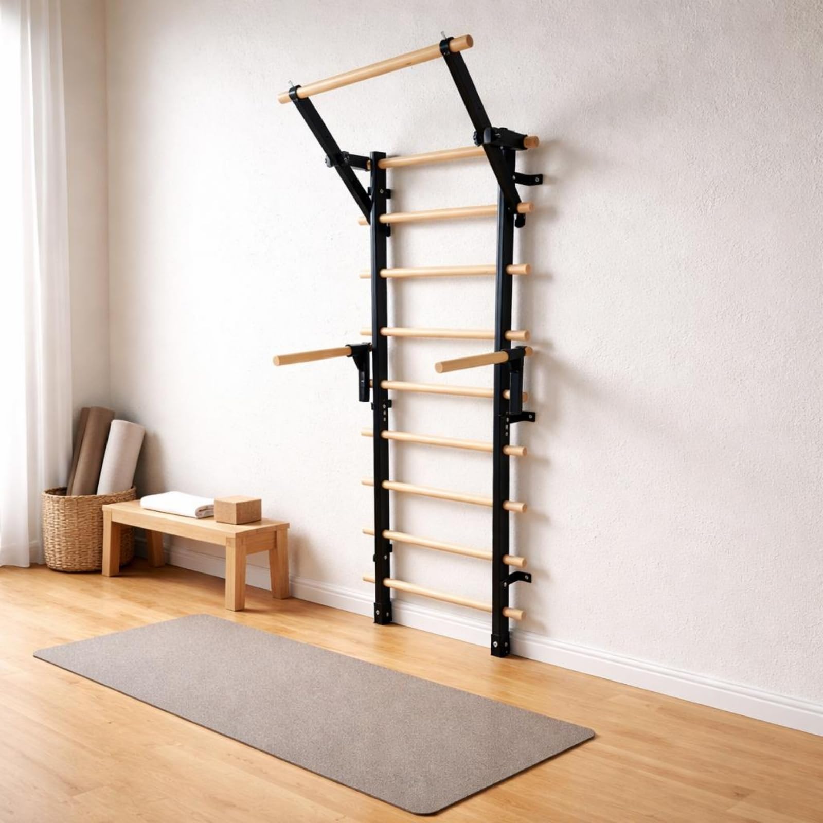Wall-Mounted Stall Bars with Pull-Up Station for Home Gym