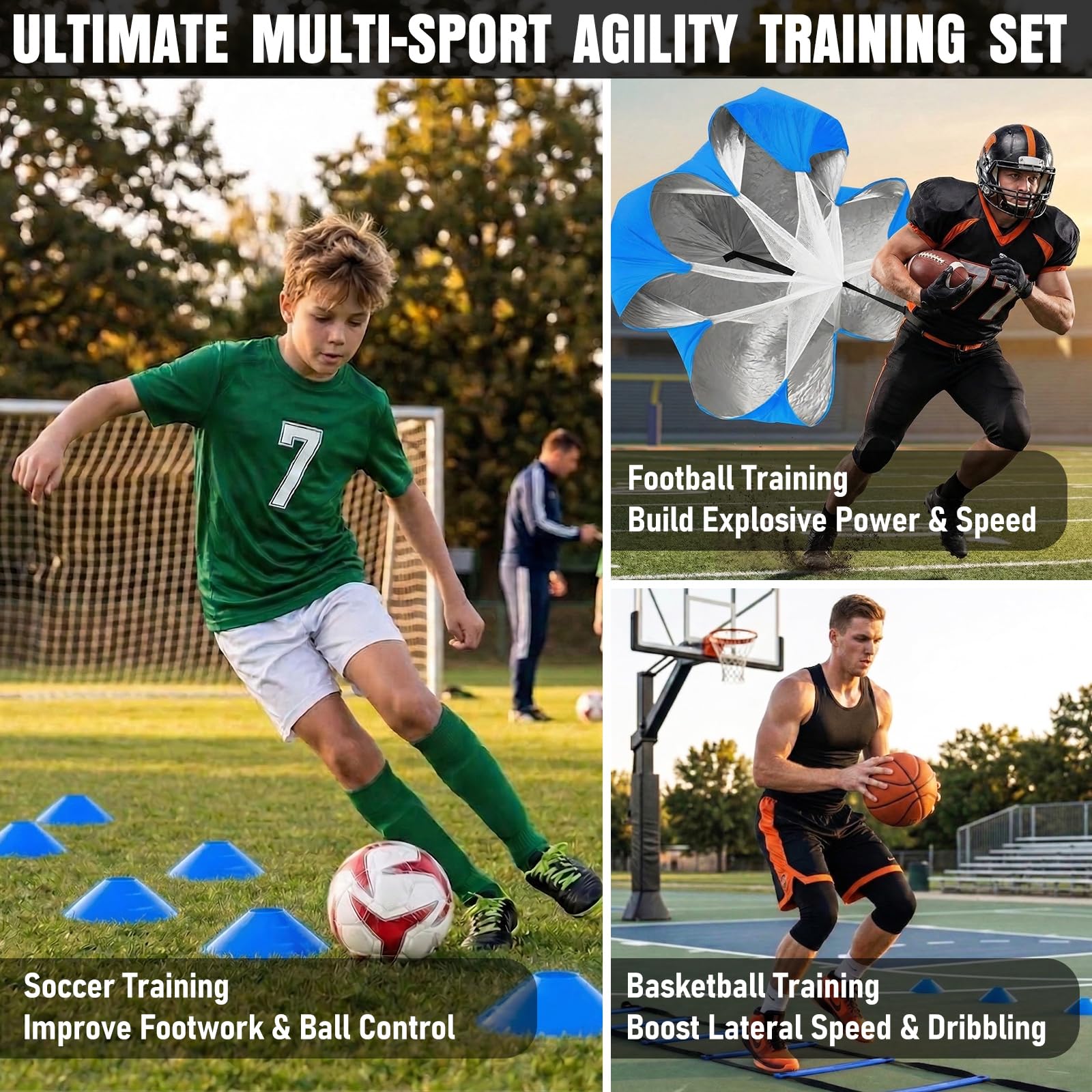Agility Training Set with Ladder, Cones, Hurdles, Jump Rope and Parachute