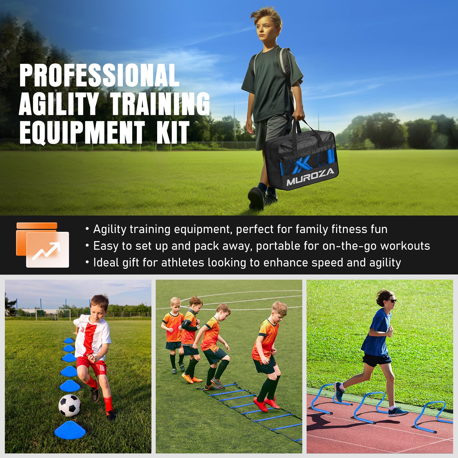 Agility Training Set with Ladder, Cones, Hurdles, Jump Rope and Parachute