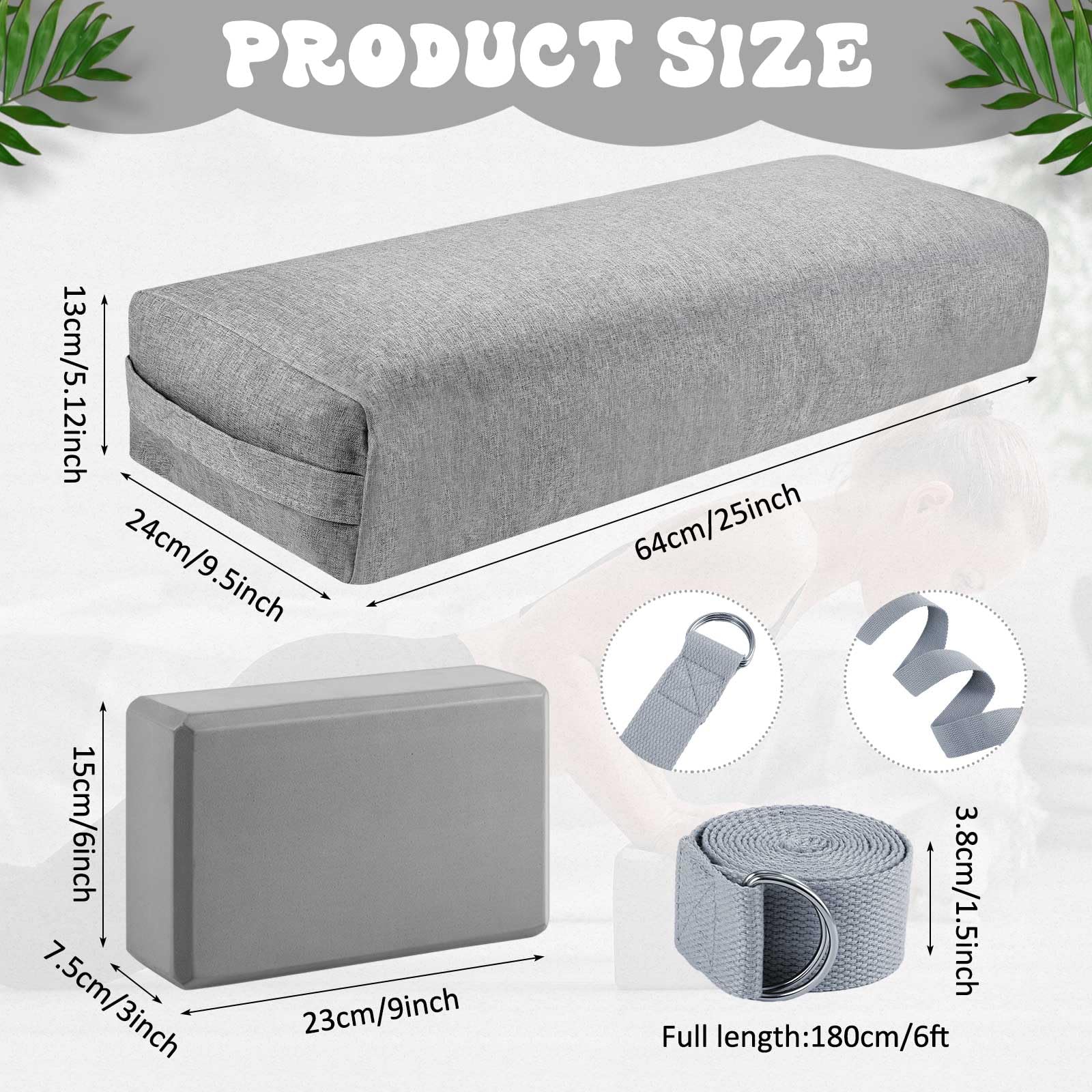 Yoga Bolster Pillow and Block Set with Strap and Washable Cover